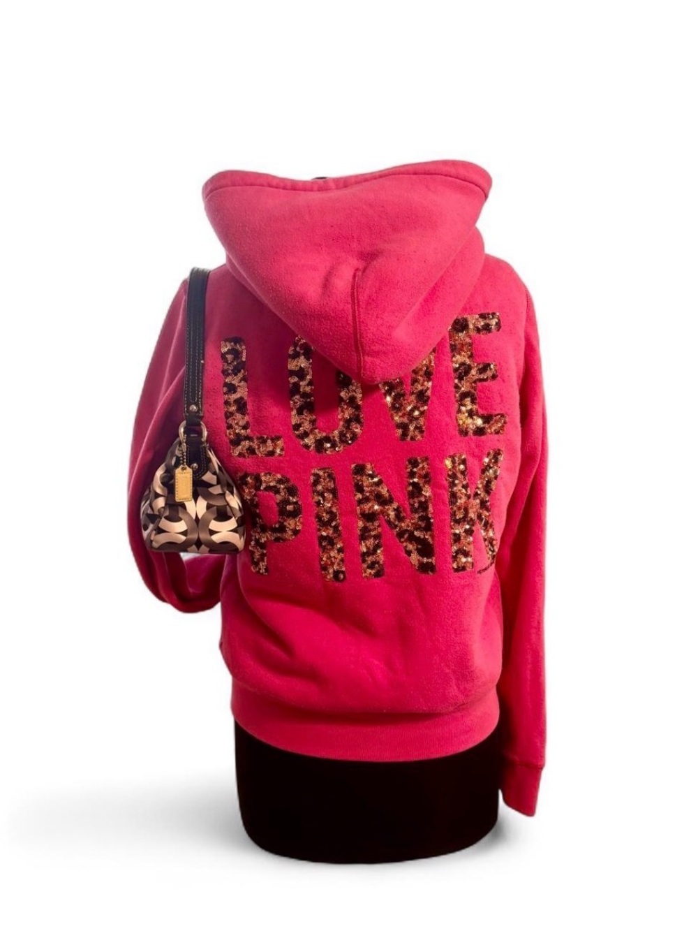 Vintage rare Hot Pink cheetah print Sequin Hoodie 2010s zip up large vs pink y2k